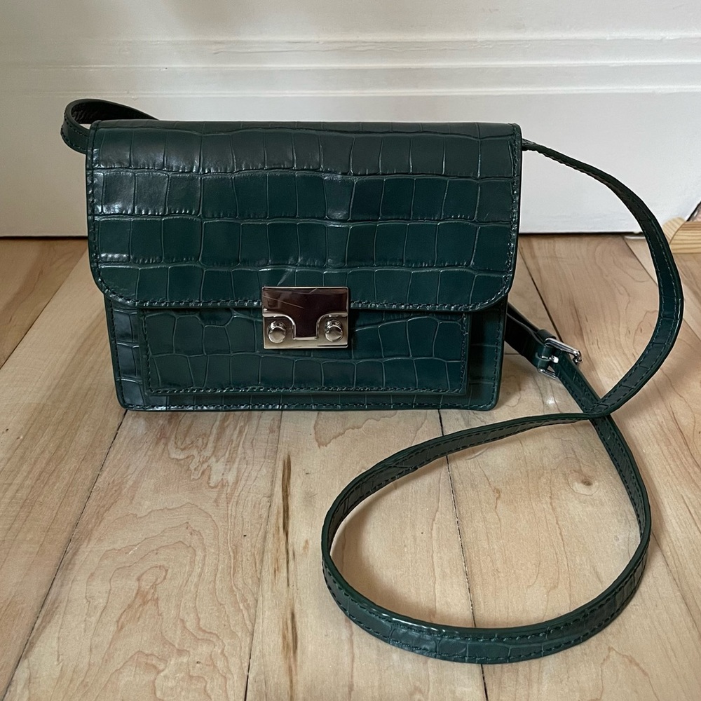 Loeffler Randall Mini Minimal Rider bag in green, cowhide croc-embossed leather